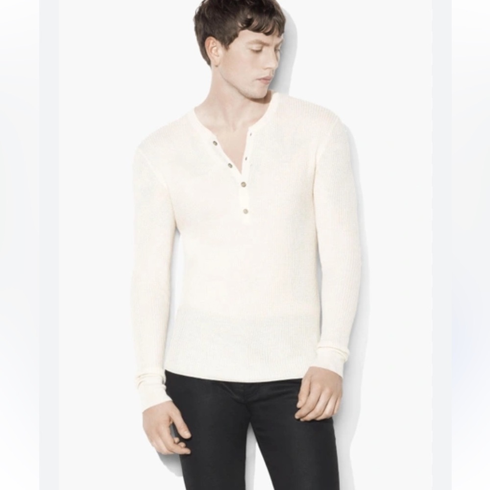 John Varvatos Men's Ivory Cream Silk Cashmere Waffle Knit Pullover Henley SZ XXL